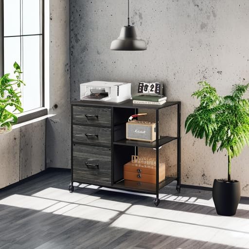 3 Drawer Mobile File Cabinet, Rolling Printer Stand with Open Storage Shelf, Fabric Lateral Filing Cabinet fits A4 or Letter Size for Home Office, Charcoal Black Wood Grain Print