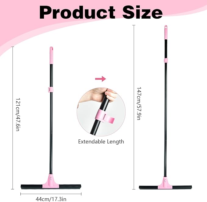 17.3'' Floor Squeegee Shower Broom, Heavy Duty Rubber Scraper with Extendable Handle, Large Sweeper for Bathroom, Tile Floor, Window, Patio, Garage, Deck (Black Pink)