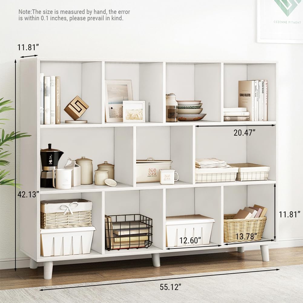 Open Cube Low Bookcase - 3-Tier Freestanding Storage Display Cabinet Organizer with Legs for Home Office, 11-Cubes Open Shelf Short Bookshelf