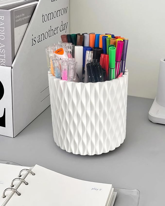 Rotating Pen Holder for Desk, 5 Slots Unique White Desk Organizer Easthetic Desktop Supplies and Accessories for Women Girls, Pencil Cup Caddy for Office Home Art Supply