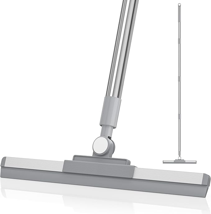 Floor Squeegee with 180° Rotating Head, Squeegee for Floor with 52'' Long Handle, Squeegee Broom, Squeegee for Window Cleaning, Bathroom Tile, Garage Concrete, Deck, Shower Glass