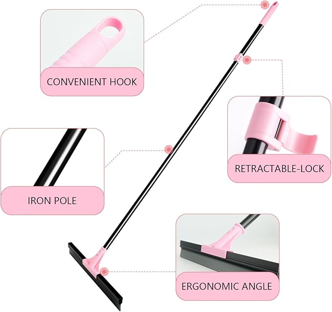 17.3'' Floor Squeegee Shower Broom, Heavy Duty Rubber Scraper with Extendable Handle, Large Sweeper for Bathroom, Tile Floor, Window, Patio, Garage, Deck (Black Pink)