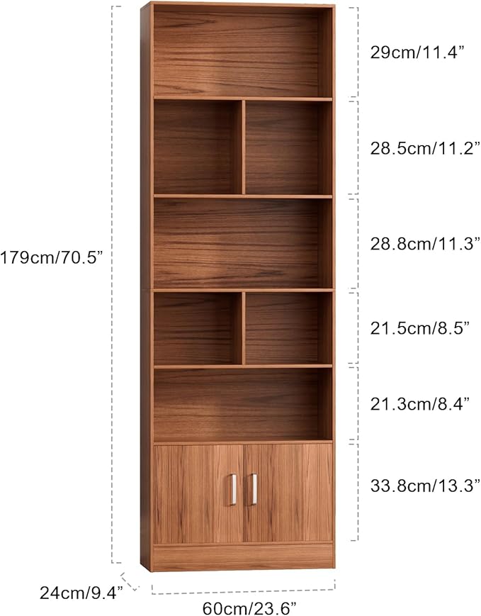 6-Tier Book Shelf, Tall Bookshelf with Storage Cabinet, Freestanding Book Display Stand, Oak Finish Wooden Bookcase Brown