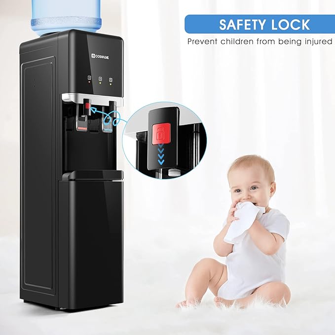 Water Cooler Dispenser, 5 Gallon Top Loading Hot/Cold Water Cooler, Compression Refrigeration w/Freezer Cabinet, Child Safety Lock for Home Office, Apartment, Dorm
