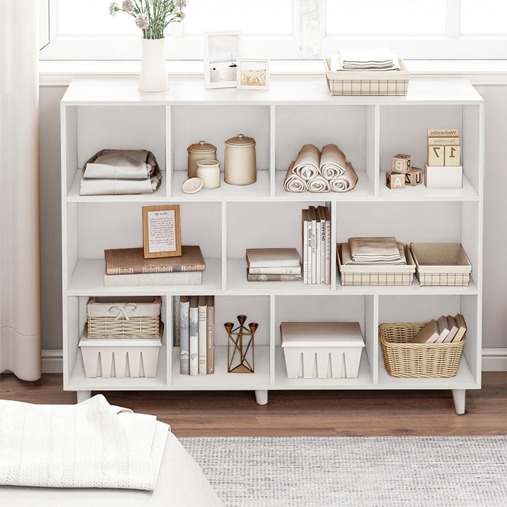 Open Cube Low Bookcase - 3-Tier Freestanding Storage Display Cabinet Organizer with Legs for Home Office, 11-Cubes Open Shelf Short Bookshelf