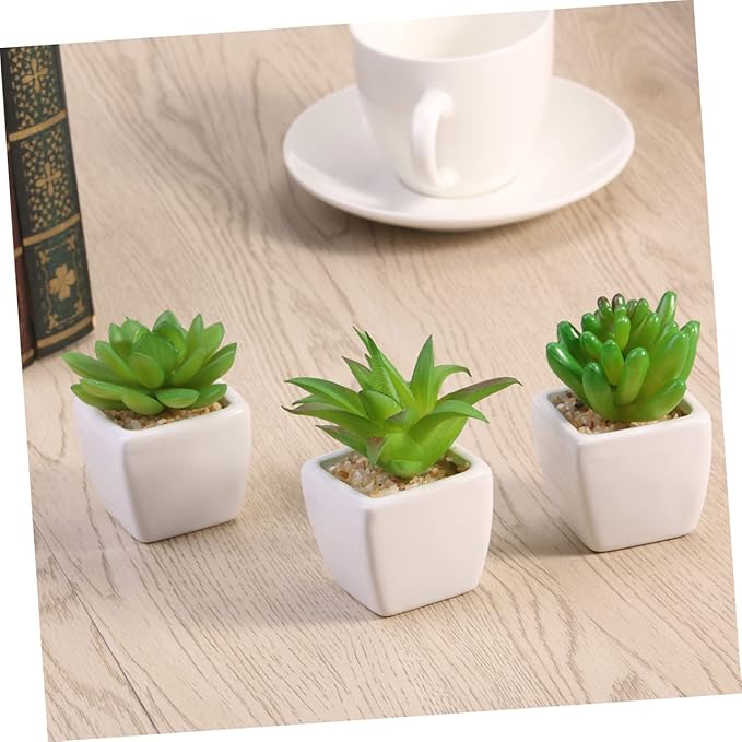 3pcs Mini Artificial Plants White Ceramic Pots for Home Decor Indoor Aesthetic and Mini Gardens No Maintenance Required