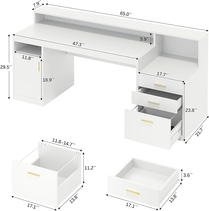 Computer Desk with 3 Drawer & Storage Shelves, Home Office Desk with File Drawer & Cabinet, Writing Study Table with Long Monitor Stand & Printer Shelf, Executive Desk
