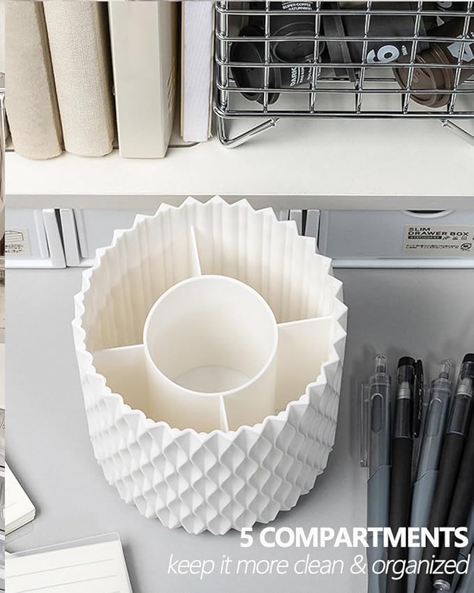 Rotating Pen Holder for Desk, 5 Slots Unique White Desk Organizer Easthetic Desktop Supplies and Accessories for Women Girls, Pencil Cup Caddy for Office Home Art Supply