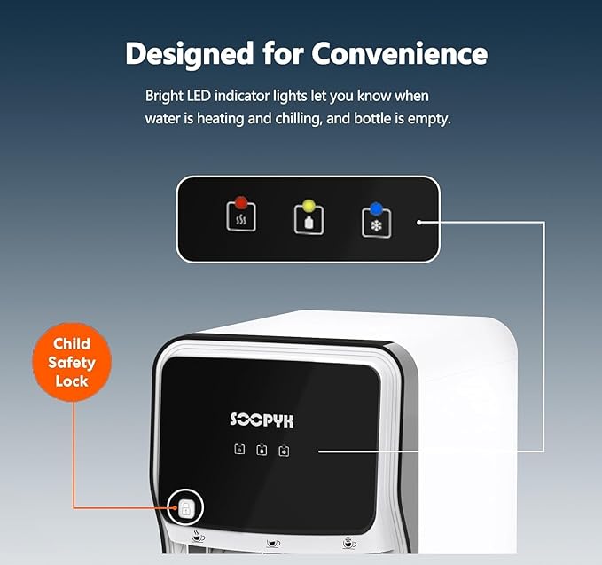 Self-Cleaning Water Dispenser Cooler Bottom Loading for 5 Gallon Bottle 3 Temperatures Setting Nightlight Child Safety Lock White