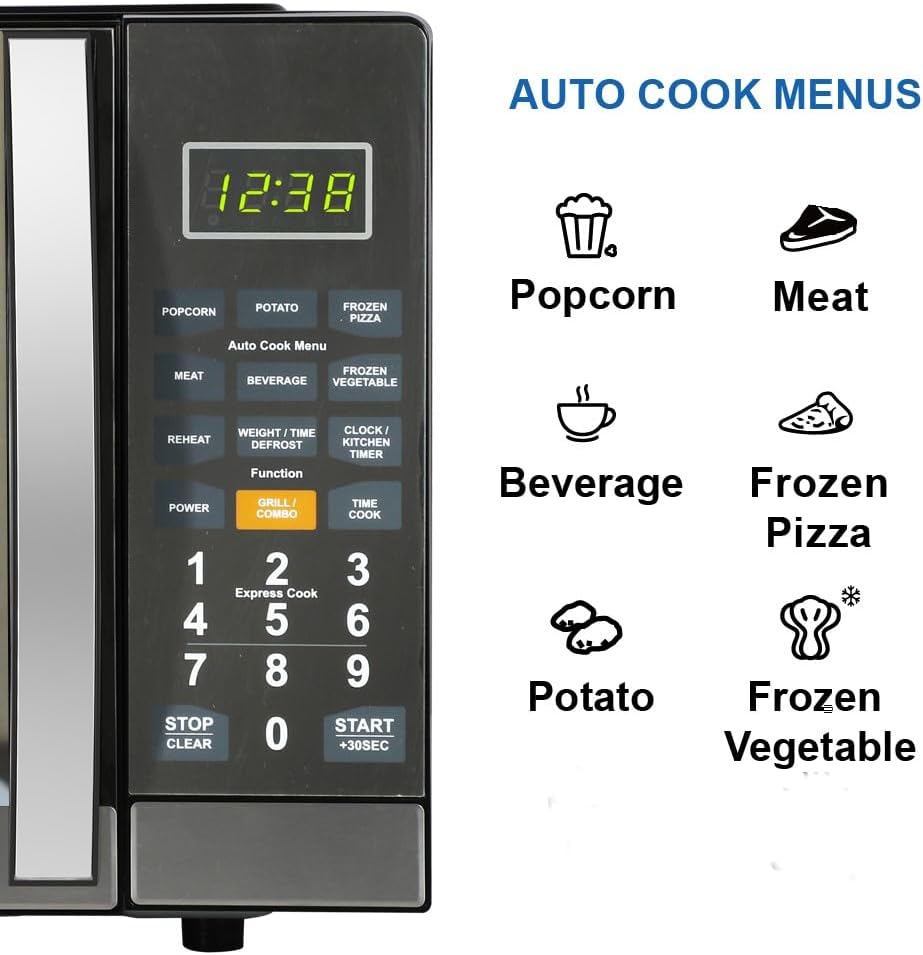 Countertop Microwave Oven with 1100W Grill Function, Sleek Mirrored Finish 10 Power Levels, 6 Auto Menus, Glass Turntable and Child Safe Lock, 1.1 Cu. Ft, Stainless Steel