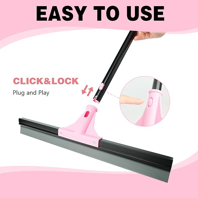 17.3'' Floor Squeegee Shower Broom, Heavy Duty Rubber Scraper with Extendable Handle, Large Sweeper for Bathroom, Tile Floor, Window, Patio, Garage, Deck (Black Pink)