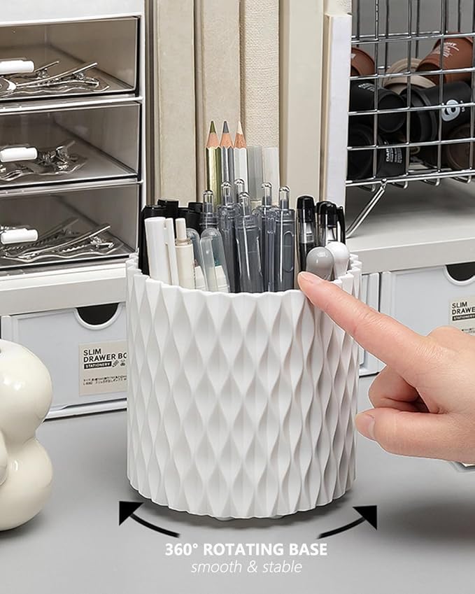 Rotating Pen Holder for Desk, 5 Slots Unique White Desk Organizer Easthetic Desktop Supplies and Accessories for Women Girls, Pencil Cup Caddy for Office Home Art Supply