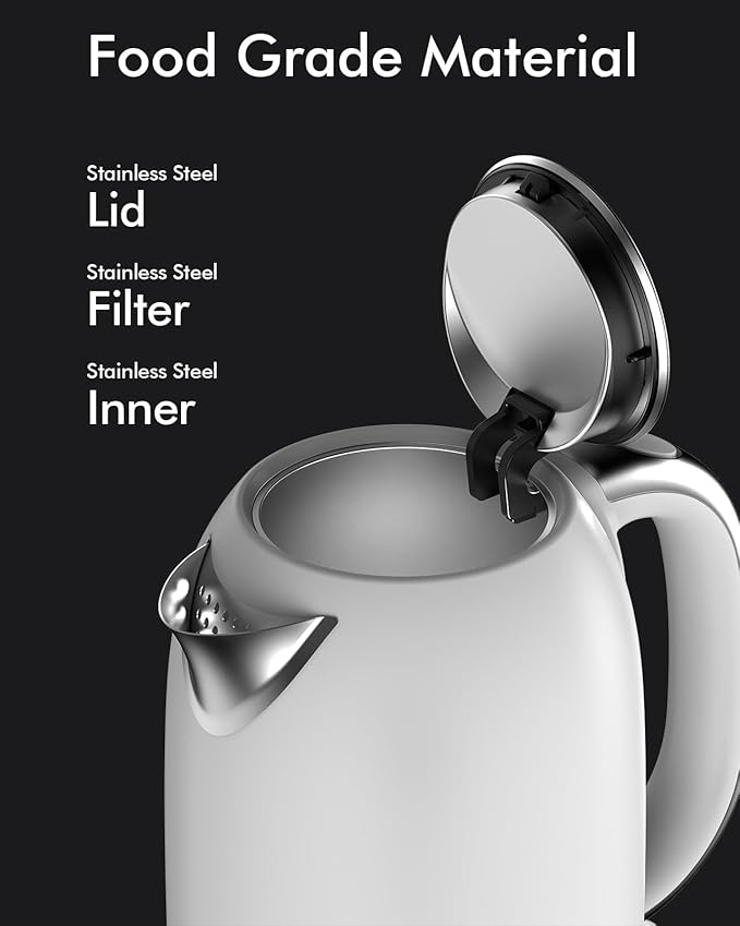 Electric Tea Kettle for Boiling Water, Wide Open Lid Stainless Steel Water Boiler, 1500W/1.7L for Coffee/Tea Brewing, Auto Shut Off & Boil Dry Protection