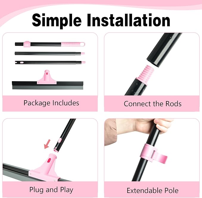 17.3'' Floor Squeegee Shower Broom, Heavy Duty Rubber Scraper with Extendable Handle, Large Sweeper for Bathroom, Tile Floor, Window, Patio, Garage, Deck (Black Pink)