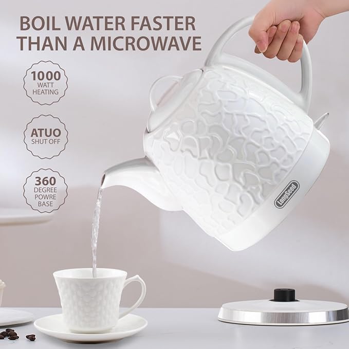 Ceramic Electric Kettle 1.0L(34oz), 1000W Fast Boiling, Automatic Shut-Off &, BPA-Free, Cordless Water Boiler, Boil Dry Protection, Pot with LED Indicator for Home Office Kitchen