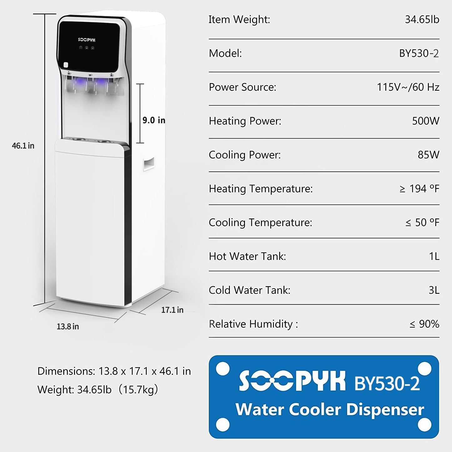 Self-Cleaning Water Dispenser Cooler Bottom Loading for 5 Gallon Bottle 3 Temperatures Setting Nightlight Child Safety Lock White