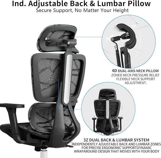 Basic Ergonomic Mesh Office Chair with Lumbar Support, High Back Computer Chair with 4D Headrest & 3D Armrests, Big and Tall Desk Chair Supports 440 lbs(Black)