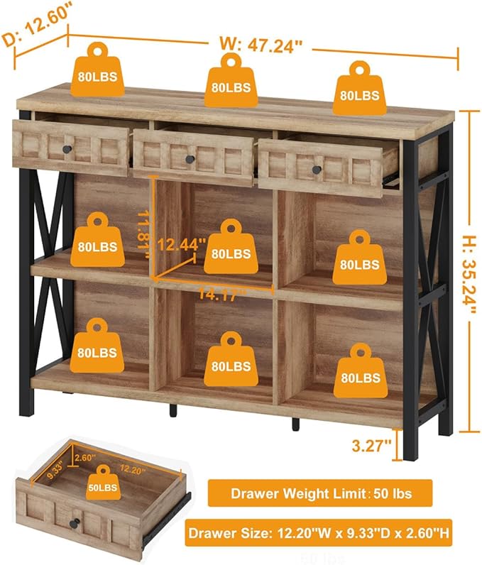 Rustic 6 Cube Storage Organizer Bookshelf with 3 Drawers, Short Low Horizontal Bookshelf for Living Room, Industrial Wood and Metal Cubby Bookcase for Home Office