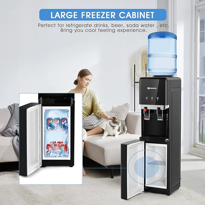 Water Cooler Dispenser, 5 Gallon Top Loading Hot/Cold Water Cooler, Compression Refrigeration w/Freezer Cabinet, Child Safety Lock for Home Office, Apartment, Dorm