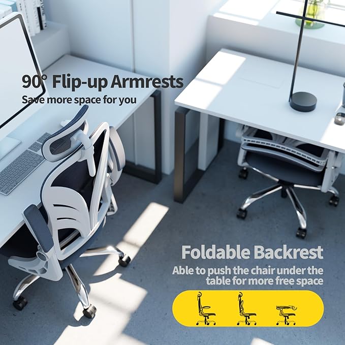 Ergonomic Office Chair with Foldable Backrest, Computer Desk Chair with Flip-up Armrests, Mesh Lumbar Support and 2D Headrest Big and Tall Office Chair, White