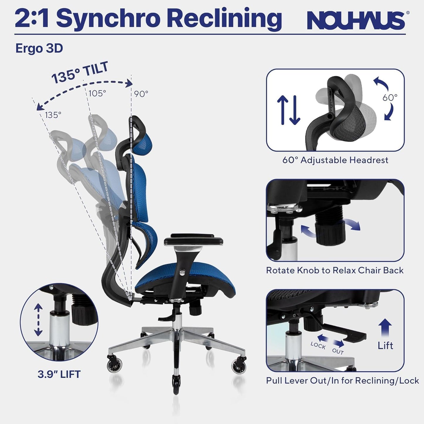 Ergonomic Office Chair Lumbar Support Mesh Office Chair with 4D Adjustable Armrest, Adjustable Headrest and Wheels, Mesh High Back Home Office Desk Chairs