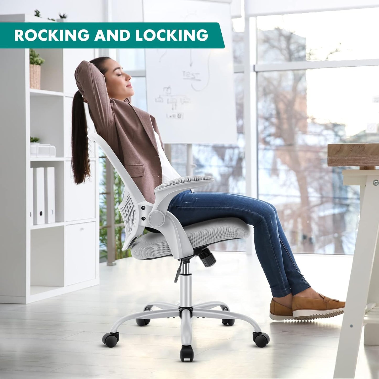 Office Chair - Desk Chair with Wheels, Ergonomic Home Office Chair with Flip-up Arms & Lumbar Support, Mesh Swivel Rolling Height Adjustable, Tilt & Lock, Computer Desk Chair, Grey