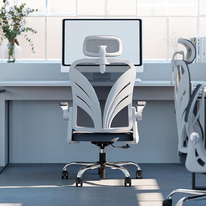 Ergonomic Office Chair with Foldable Backrest, Computer Desk Chair with Flip-up Armrests, Mesh Lumbar Support and 2D Headrest Big and Tall Office Chair, White