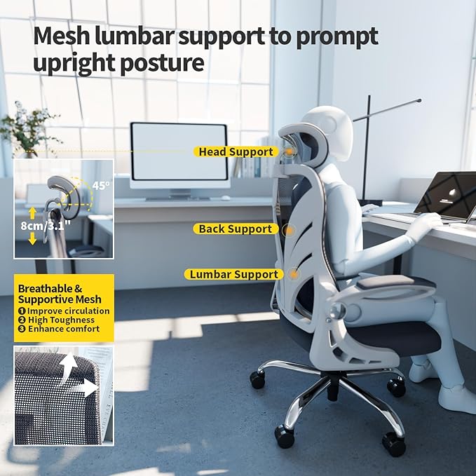 Ergonomic Office Chair with Foldable Backrest, Computer Desk Chair with Flip-up Armrests, Mesh Lumbar Support and 2D Headrest Big and Tall Office Chair, White