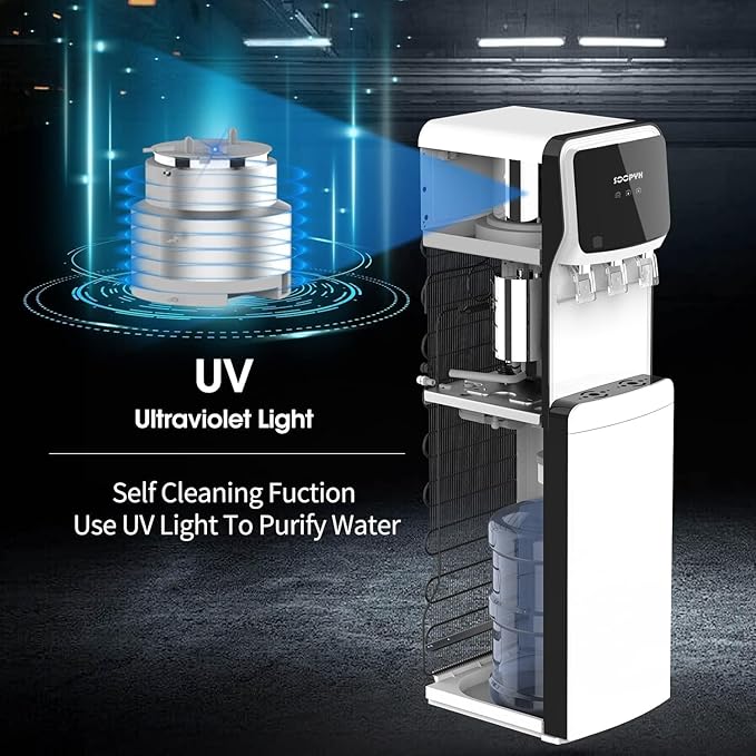 Self-Cleaning Water Dispenser Cooler Bottom Loading for 5 Gallon Bottle 3 Temperatures Setting Nightlight Child Safety Lock White