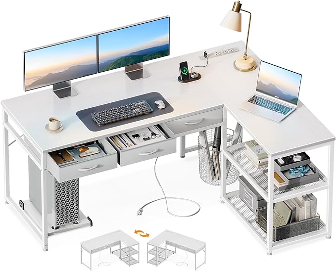 53 Inch L Shaped Computer Desk with Drawers, Corner Desk with Power Outlets & Reversible Storage Shelves, Movable CPU Stand for Home Office Gaming