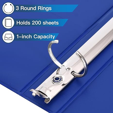 1-inch 3 Ring Binder with 2 Interior Pockets, 1'' Basic Binders Holds US Letter Size 8.5'' x 11'' Paper - Versatile Binders for Office, Home, and School Use, 6 Pack