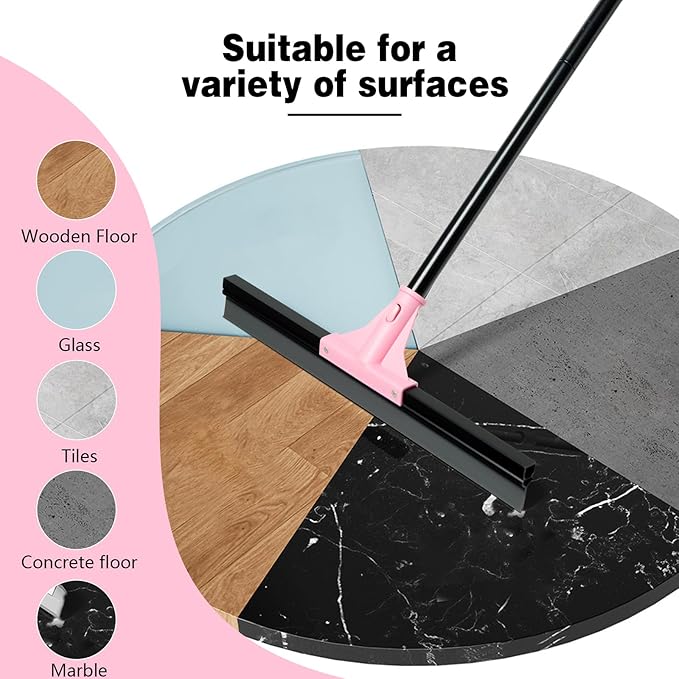 17.3'' Floor Squeegee Shower Broom, Heavy Duty Rubber Scraper with Extendable Handle, Large Sweeper for Bathroom, Tile Floor, Window, Patio, Garage, Deck (Black Pink)