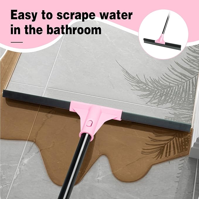 17.3'' Floor Squeegee Shower Broom, Heavy Duty Rubber Scraper with Extendable Handle, Large Sweeper for Bathroom, Tile Floor, Window, Patio, Garage, Deck (Black Pink)