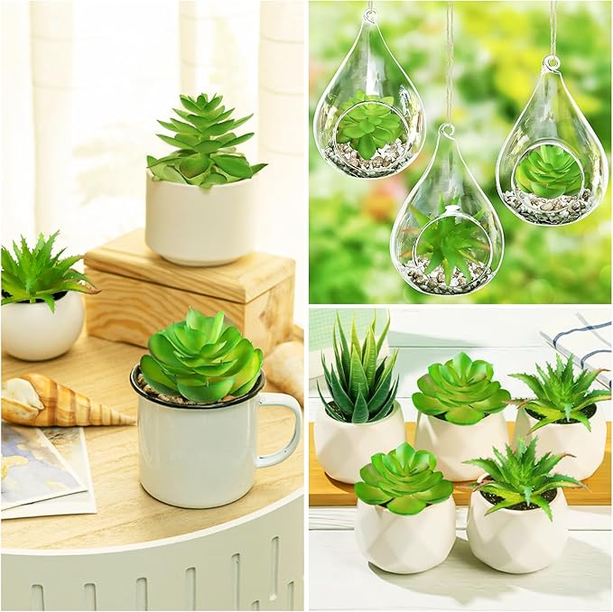 Fake Succulent Plants, 6pcs Mini Green Succulent Plants Faux, Artificial Succulents Plants for DIY Crafting Home Floral Wall Office Decoration (excluding pots)