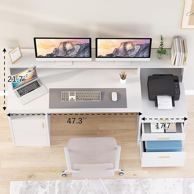 Computer Desk with 3 Drawer & Storage Shelves, Home Office Desk with File Drawer & Cabinet, Writing Study Table with Long Monitor Stand & Printer Shelf, Executive Desk