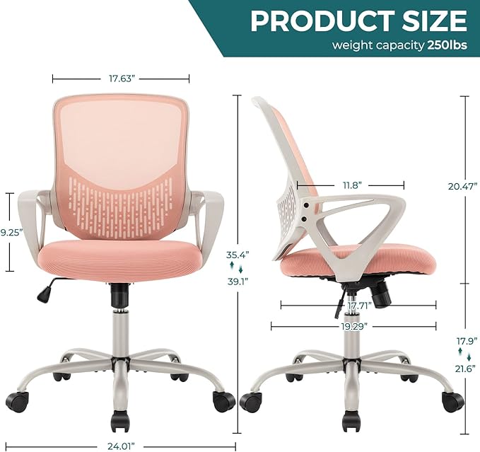 Home Office Desk Chair Ergonomic Computer Chair Modern Height Adjustable Swivel Chair Mesh Chair with Fixed Armrests/Lumbar Support, Pink