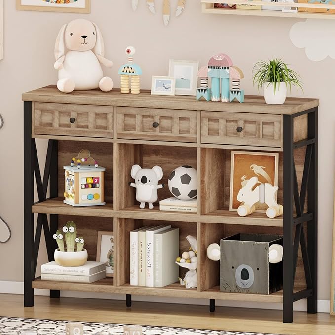 Rustic 6 Cube Storage Organizer Bookshelf with 3 Drawers, Short Low Horizontal Bookshelf for Living Room, Industrial Wood and Metal Cubby Bookcase for Home Office