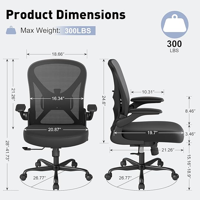 Mesh Office Chair with Adjustable Lumbar Support, Ergonomic Home Office Desk Chair with Wheels and Flip-up Arms, Black