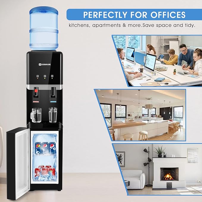Water Cooler Dispenser, 5 Gallon Top Loading Hot/Cold Water Cooler, Compression Refrigeration w/Freezer Cabinet, Child Safety Lock for Home Office, Apartment, Dorm