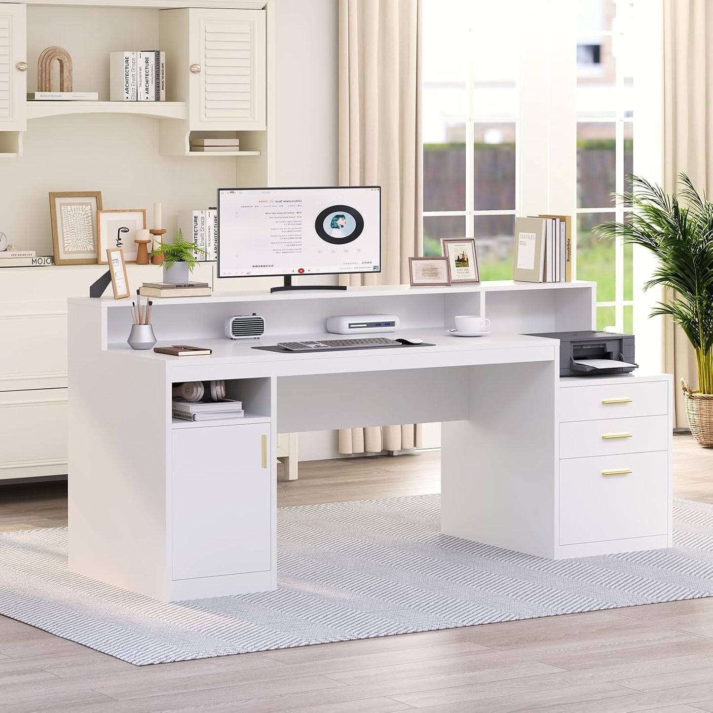 Computer Desk with 3 Drawer & Storage Shelves, Home Office Desk with File Drawer & Cabinet, Writing Study Table with Long Monitor Stand & Printer Shelf, Executive Desk