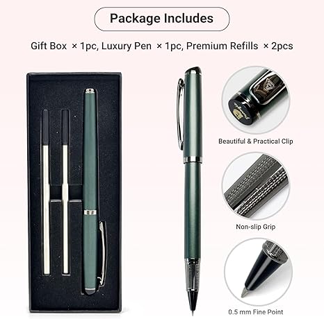 Luxury Rollerball Pen, Black Ink, Fine Point, Unisex, Professional Writing Pen, Set of 1 with 2 Refills