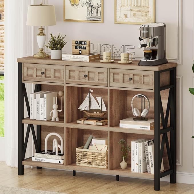 Rustic 6 Cube Storage Organizer Bookshelf with 3 Drawers, Short Low Horizontal Bookshelf for Living Room, Industrial Wood and Metal Cubby Bookcase for Home Office