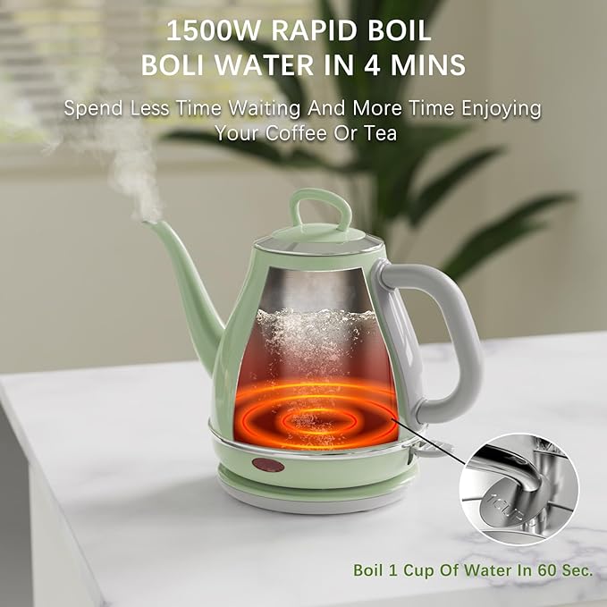 Electric Gooseneck Kettle, 1L 1500WFast Boil, 100% Stainless Steel BPA Free Pour-Over Coffee & Tea Kettle,Water Boiler with Auto Shut & Boil-Dry Protection