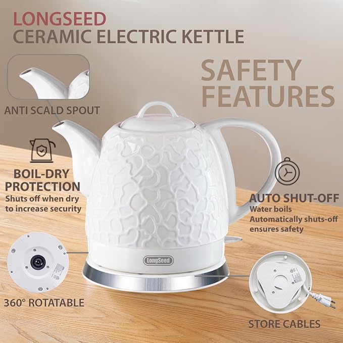 Ceramic Electric Kettle 1.0L(34oz), 1000W Fast Boiling, Automatic Shut-Off &, BPA-Free, Cordless Water Boiler, Boil Dry Protection, Pot with LED Indicator for Home Office Kitchen