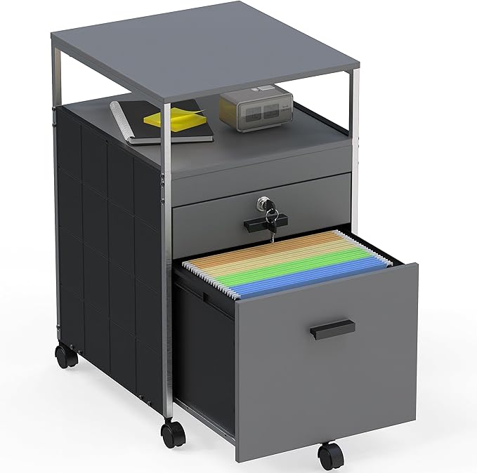 Box File Rolling Mobile Cabinet with Open Shelf and Lockable Drawer
