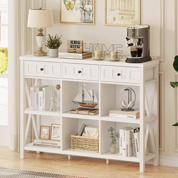 Rustic 6 Cube Storage Organizer Bookshelf with 3 Drawers, Short Low Horizontal Bookshelf for Living Room, Industrial Wood and Metal Cubby Bookcase for Home Office