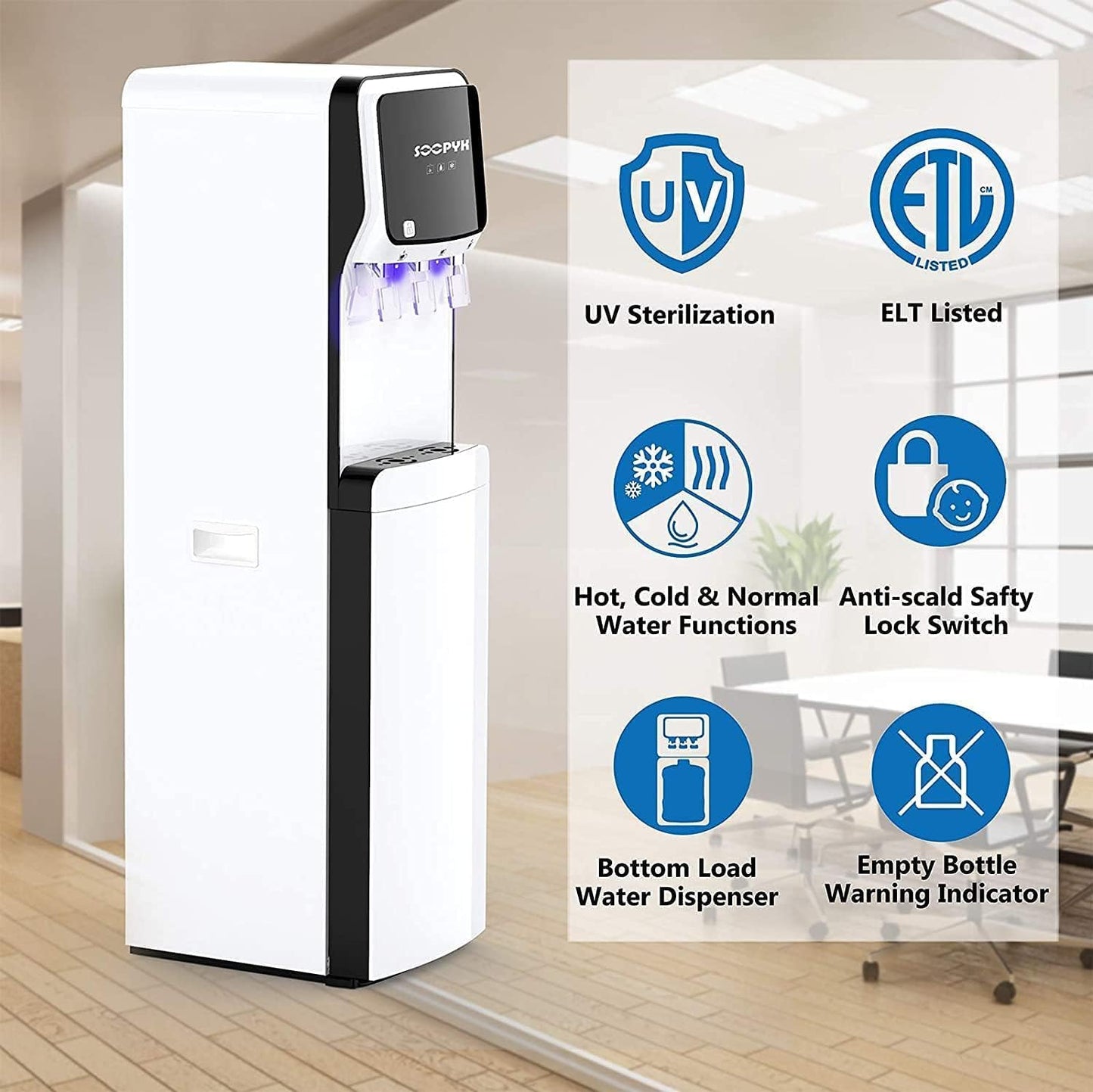Self-Cleaning Water Dispenser Cooler Bottom Loading for 5 Gallon Bottle 3 Temperatures Setting Nightlight Child Safety Lock White