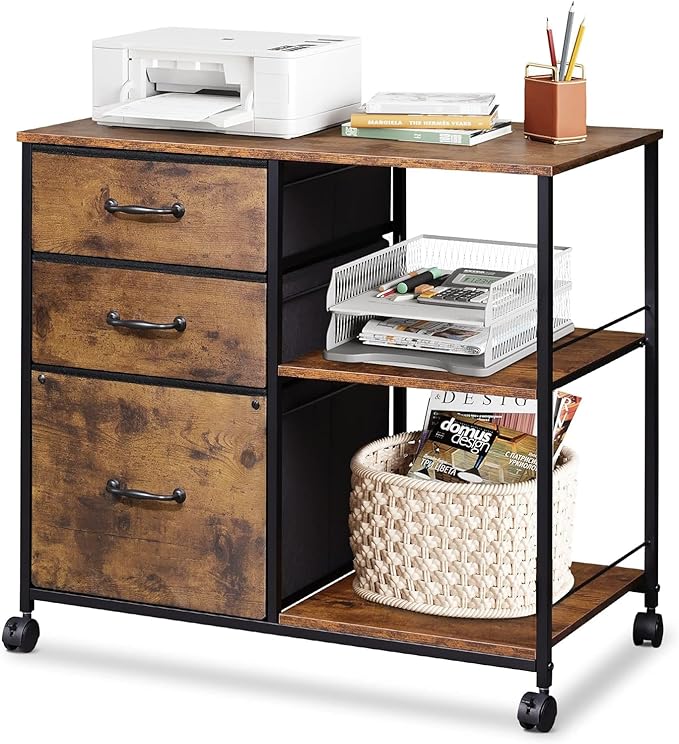 3 Drawer Mobile File Cabinet, Rolling Printer Stand with Open Storage Shelf, Fabric Lateral Filing Cabinet fits A4 or Letter Size for Home Office, Charcoal Black Wood Grain Print
