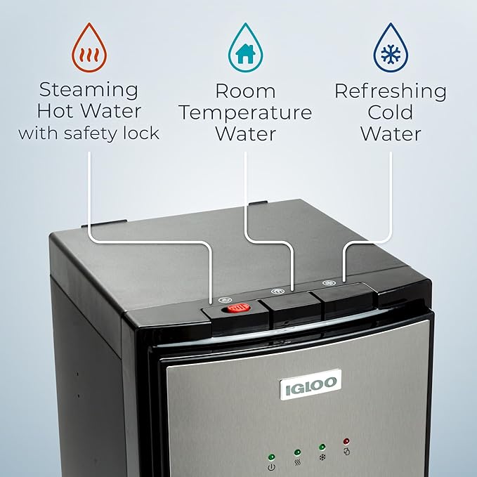 Stainless Steel Hot, Cold & Room Water Cooler Dispenser, Holds 3 & 5 Gallon Bottles, 3 Temperature Spouts, No Lift Bottom Loading, Child Safety Lock, Black/Stainless
