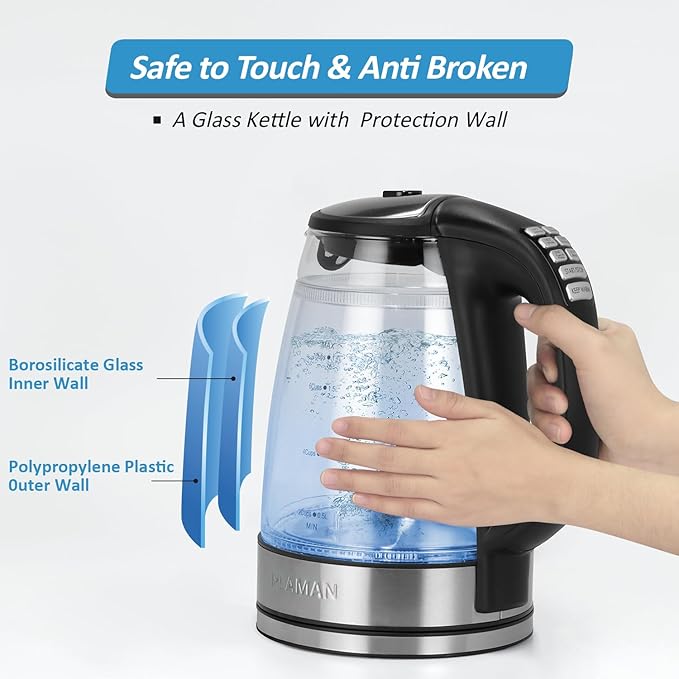 Electric Kettle Temperature Control - Keep Warm Hot Water Boiler, Double Wall Tea kettle for Boiling Water 6 Presets 1500W 4 Hours 1.7L LED Auto Shut Off Cordless